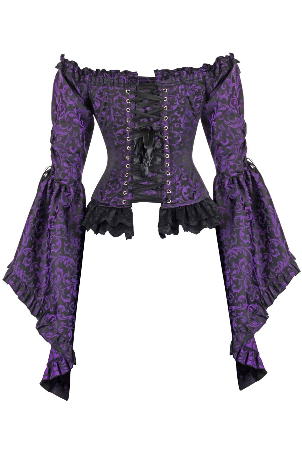 Purple Brocade Yumiko Overbust Corset with Sleeves