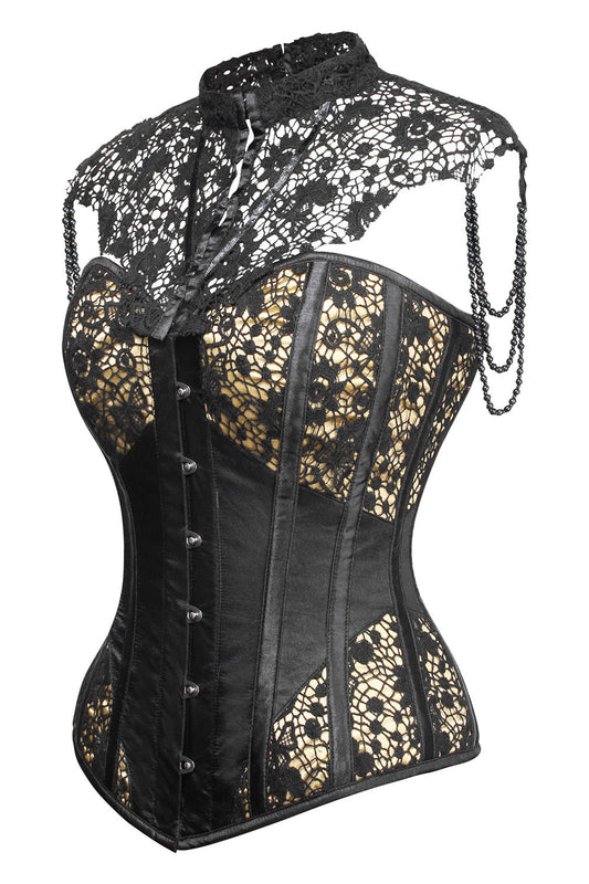 Black and Gold Cindel Satin with Lace Overbust Gothic Corset