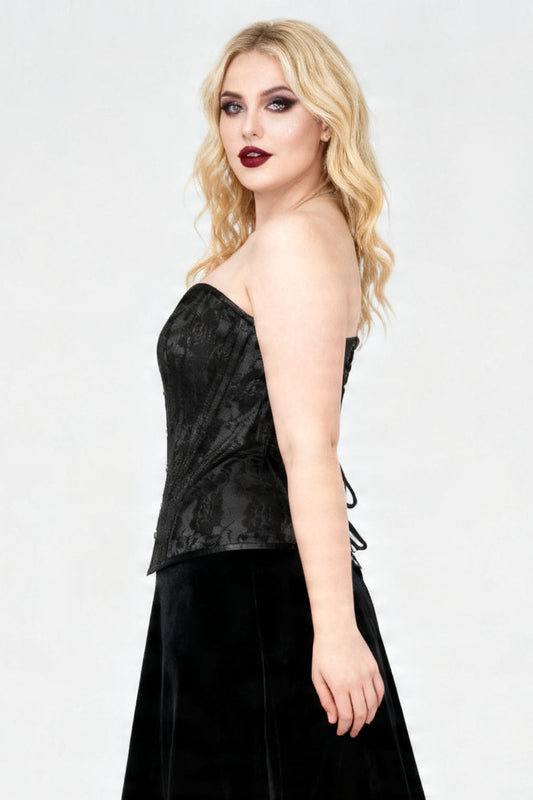 Novalee Midnight Black Satin with Lace Overlay Overbust Corset
