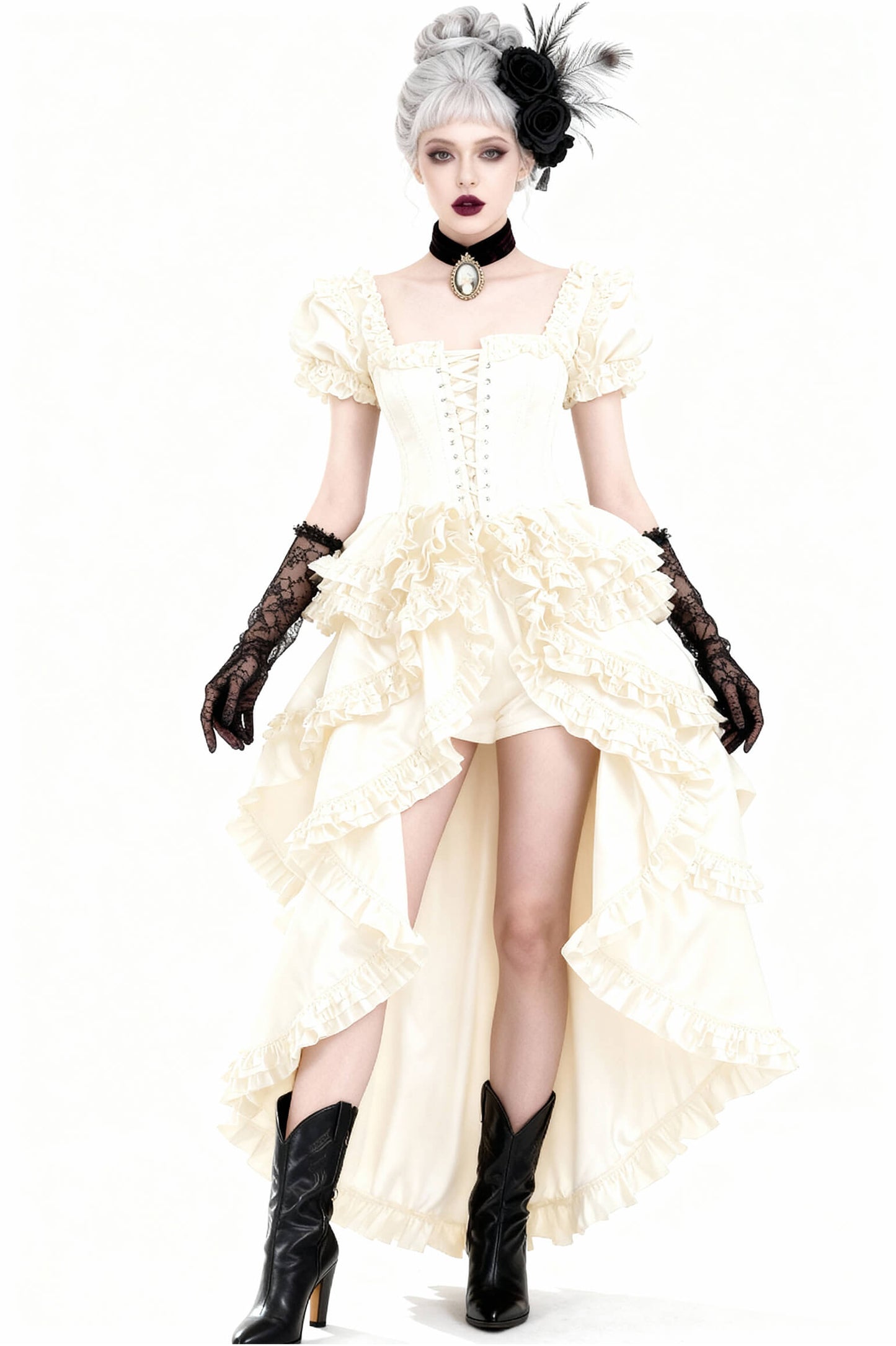 Shalaya Rococo Black Satin Frill Corset Dress