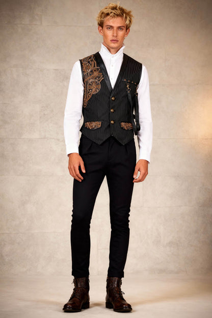 Klaus Steampunk Embroidered Black Waist Coat