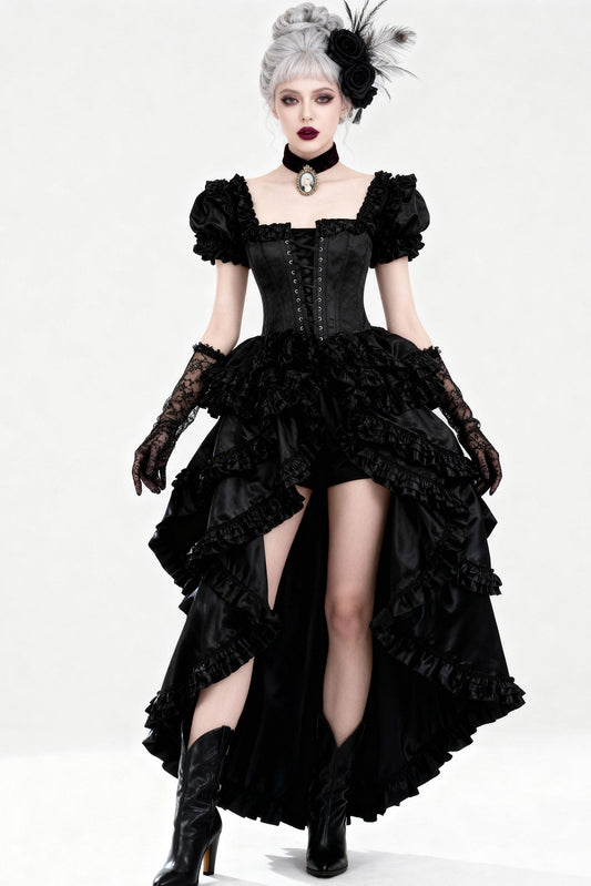 Shalaya Rococo Black Satin Frill Corset Dress