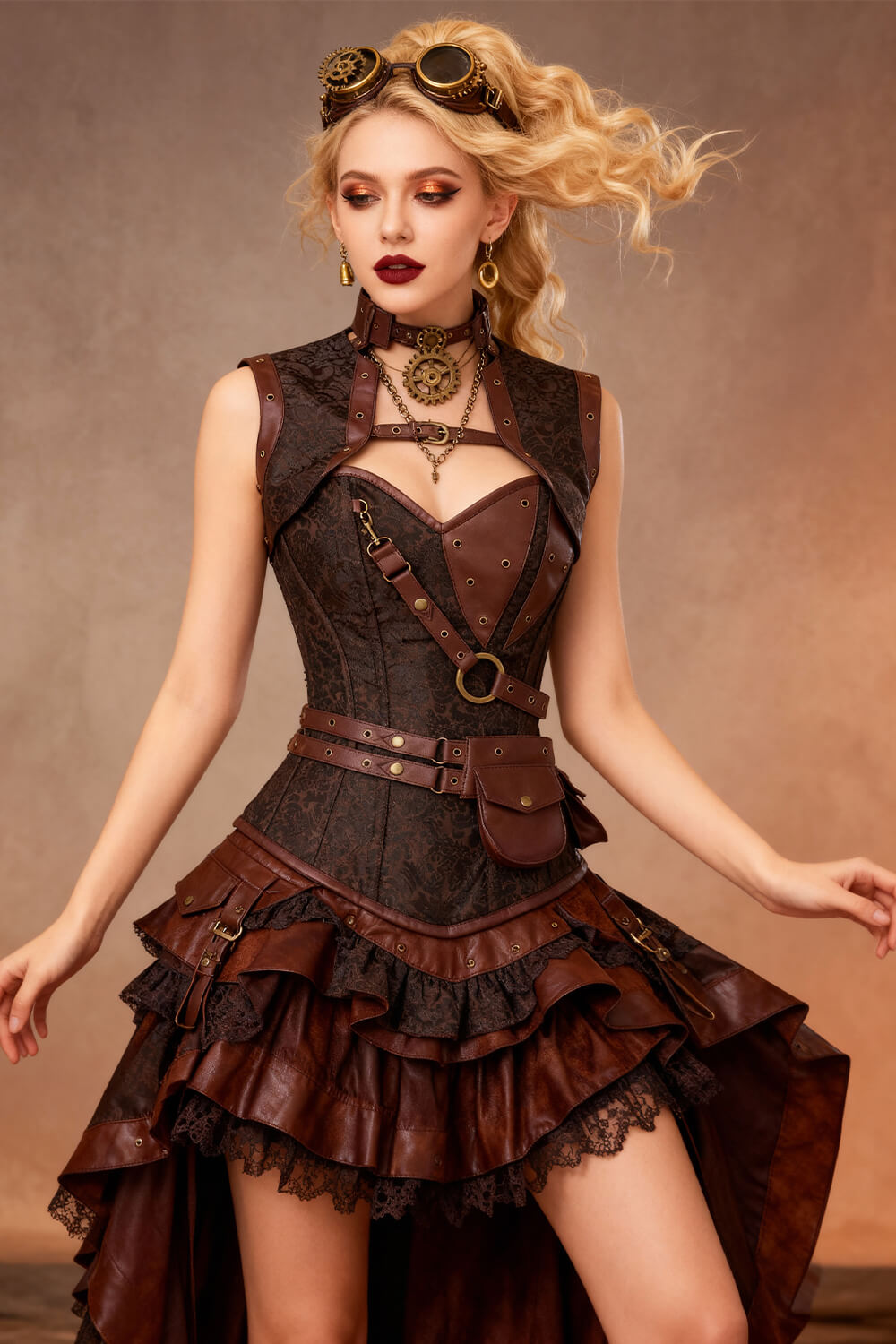 Alexa Brown Brocade Steampunk Overbust Corset with Shrug