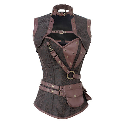 Alexa Brown Brocade Steampunk Overbust Corset with Shrug