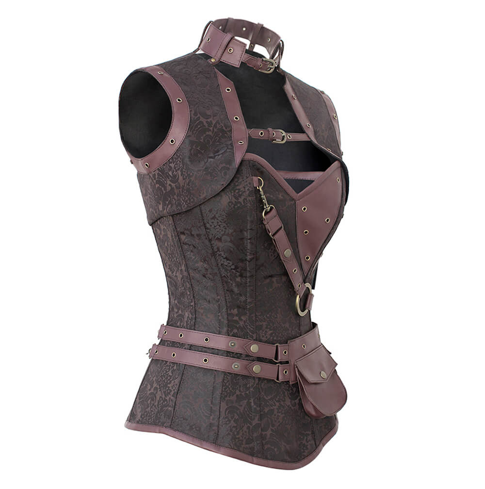 Alexa Brown Brocade Steampunk Overbust Corset with Shrug