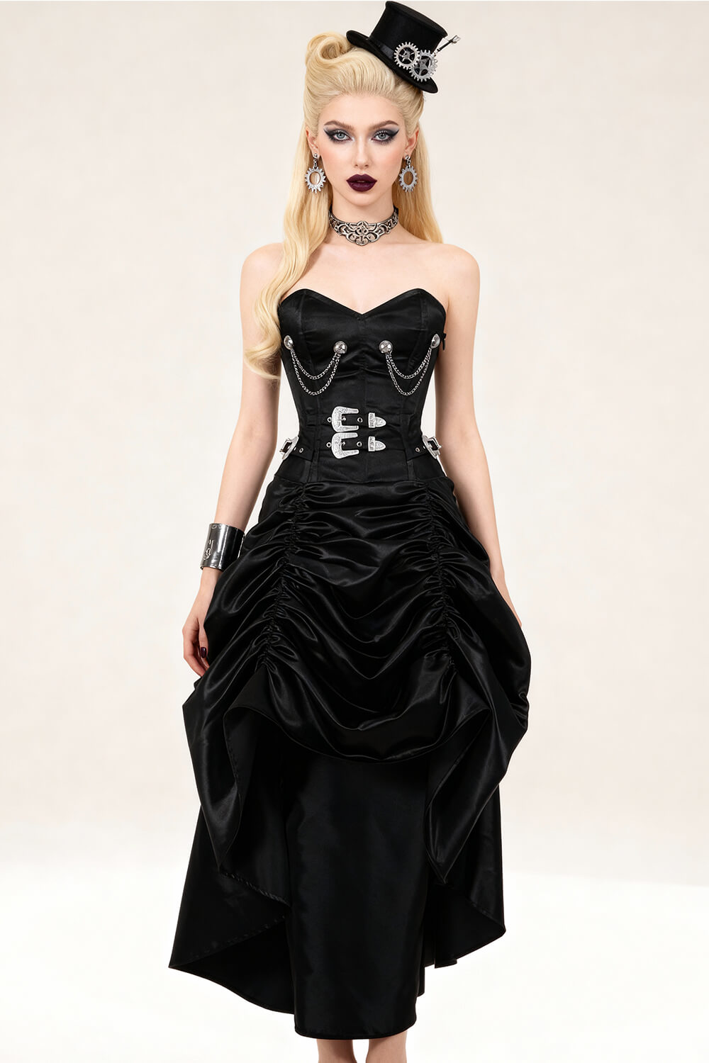 Katinka Steampunk Black Satin Overbust Corset Dress