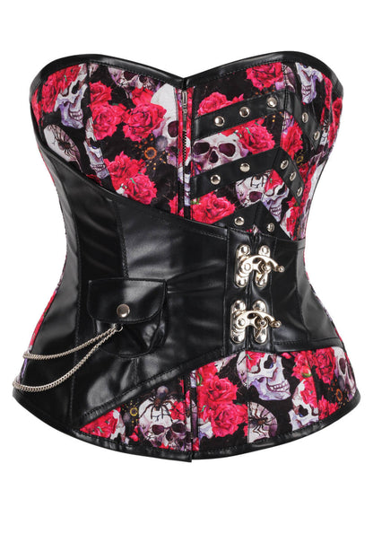 Nelsie Skull With Red Rose Overbust Corset