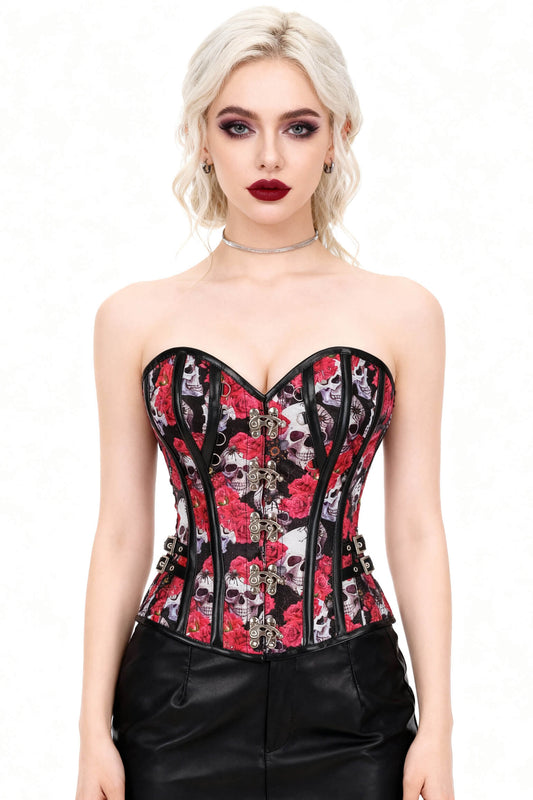 Delyn Skull With Red Rose Overbust Corset