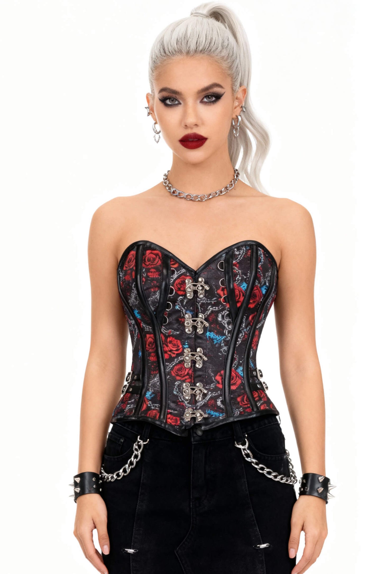 Shaneka Red Rose With Metallic Chain Overbust Corset