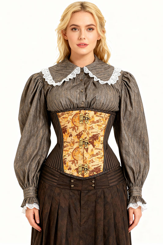 Pavel Underbust Steampunk Vintage Globe Print Corset