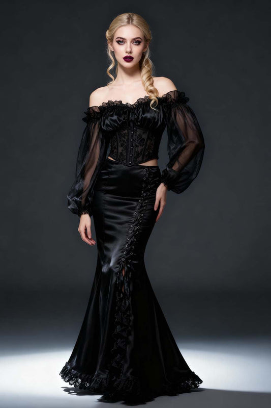 Kelsy Black Satin Gothic Full Length Skirt