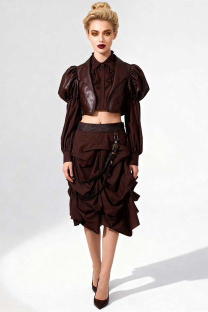 Shana Steampunk Brown Cotton Ruched Skirt