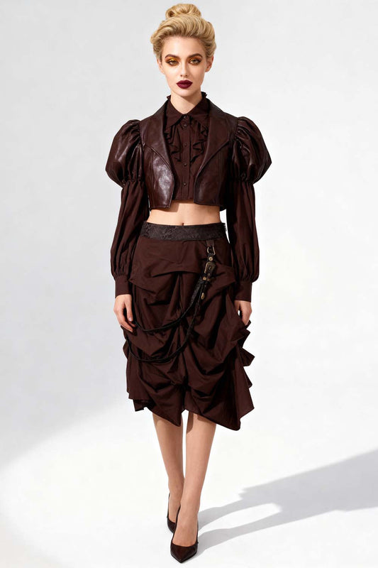 Shana Steampunk Brown Cotton Ruched Skirt
