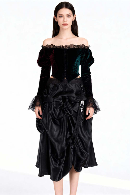 Joyce Black Satin Steampunk Ruched Skirt