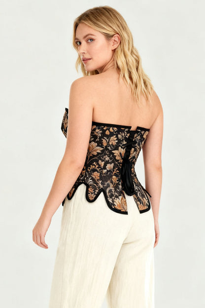 Midnight Black Rosel Overbust Corset with Gold Brocade