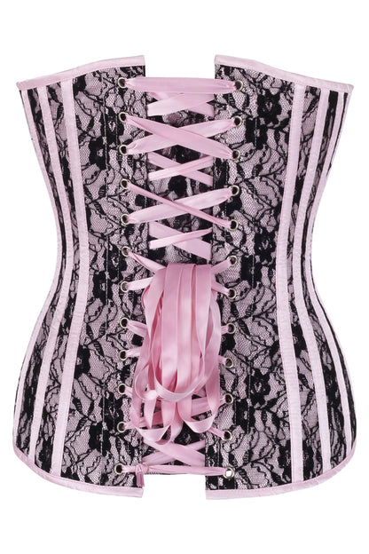 Pink Satin Black Lace Hiroko Overbust Corset