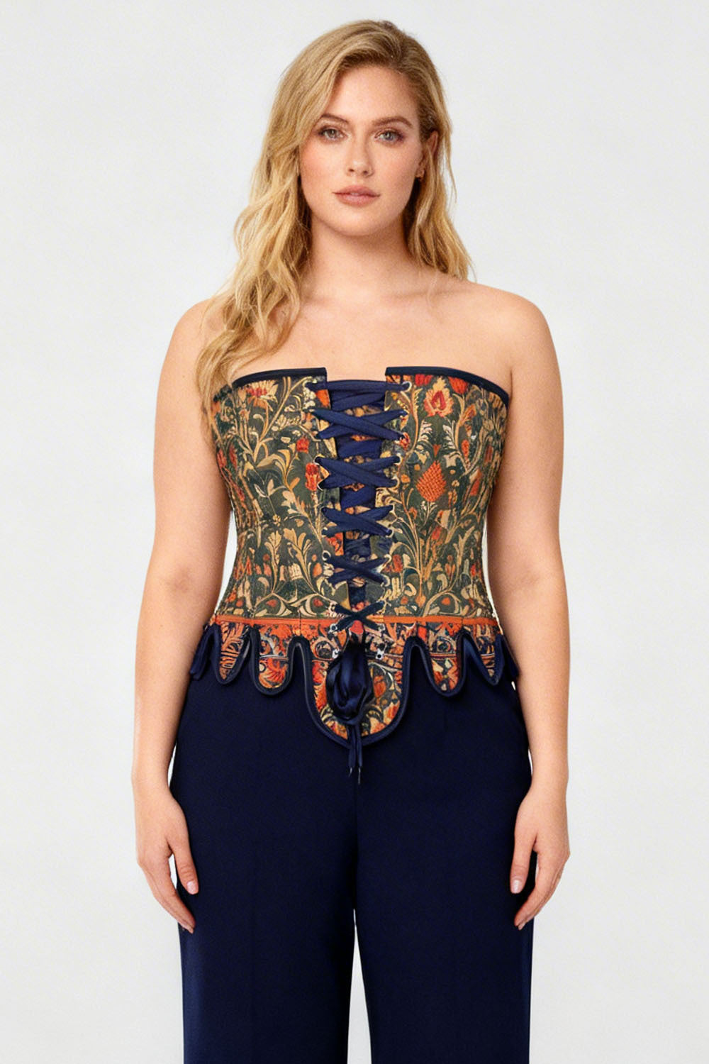 Medieval Tapestry Overbust Corset with Decorative Peplum