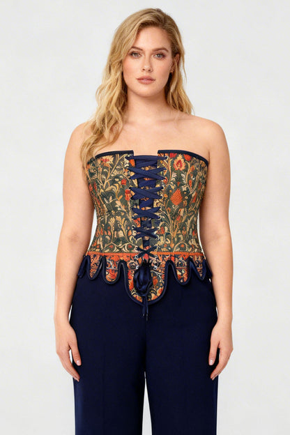Medieval Tapestry Overbust Corset with Decorative Peplum