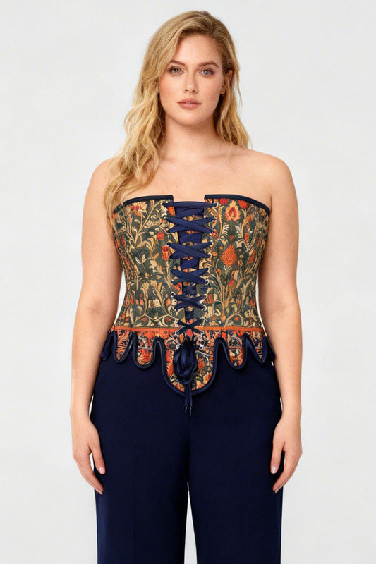 Medieval Tapestry Overbust Corset with Decorative Peplum
