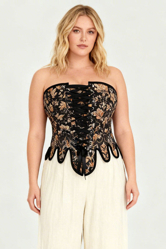 Midnight Black Rosel Overbust Corset with Gold Brocade