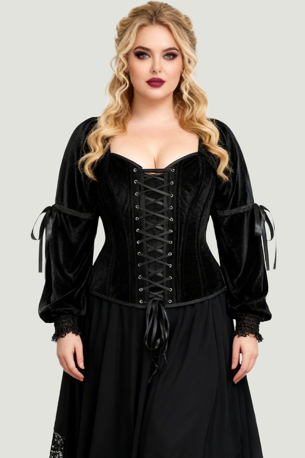 Midnight Black Velvet Talona Overbust Corset with Renaissance Sleeves