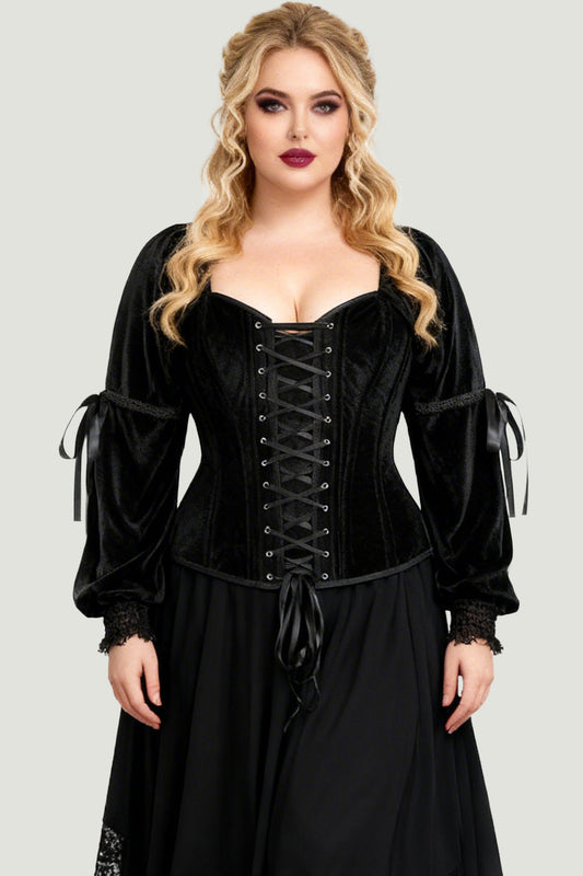 Midnight Black Velvet Talona Overbust Corset with Renaissance Sleeves