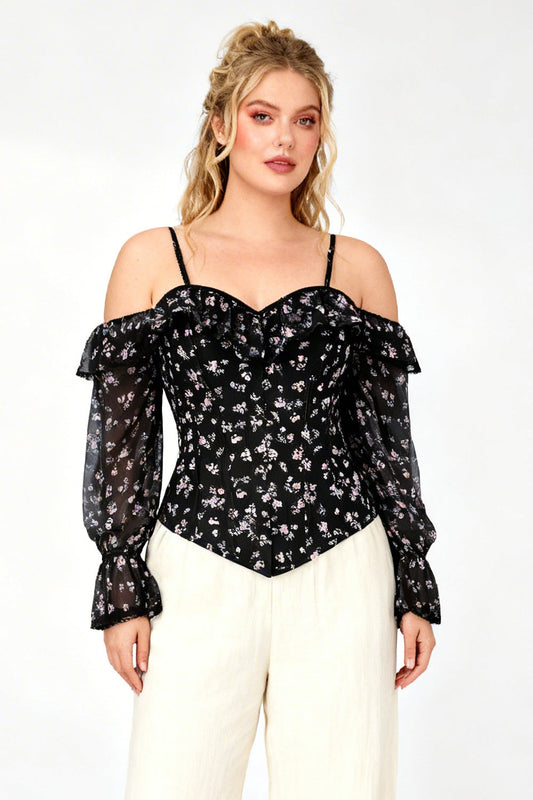 Black Floral Shadira Off-Shoulder Overbust Corset
