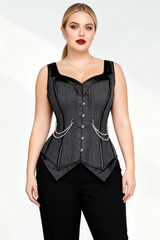 Black Pinstripe Laquisha Overbust Corset with Chain Detail
