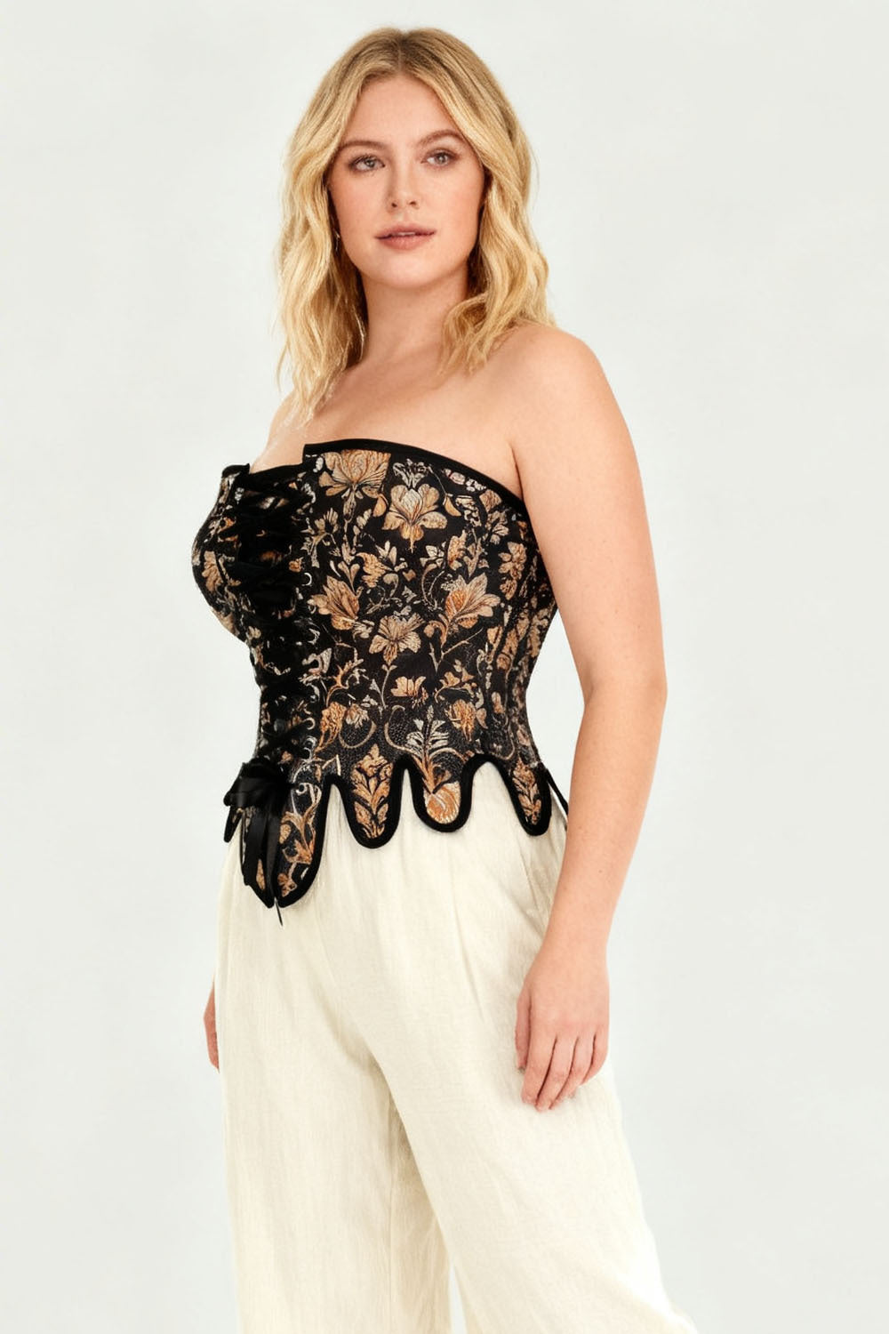 Midnight Black Rosel Overbust Corset with Gold Brocade