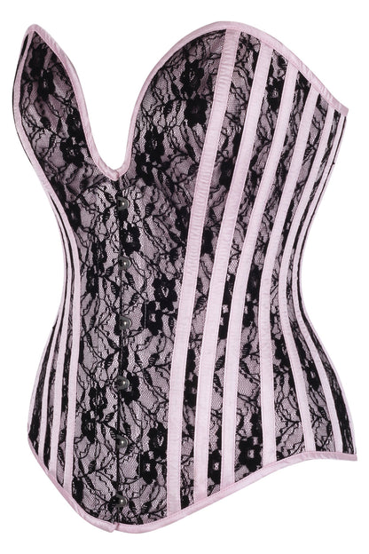 Pink Satin Black Lace Hiroko Overbust Corset