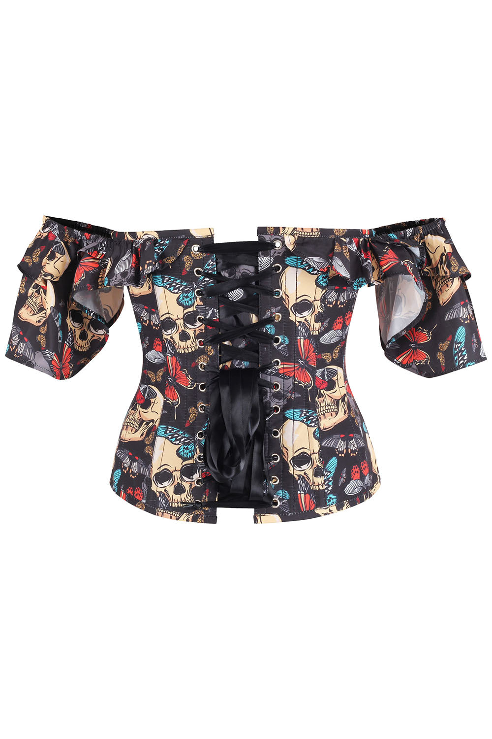 Dawnn Black Skulls & Butterflies Off Shoulder Overbust Corset