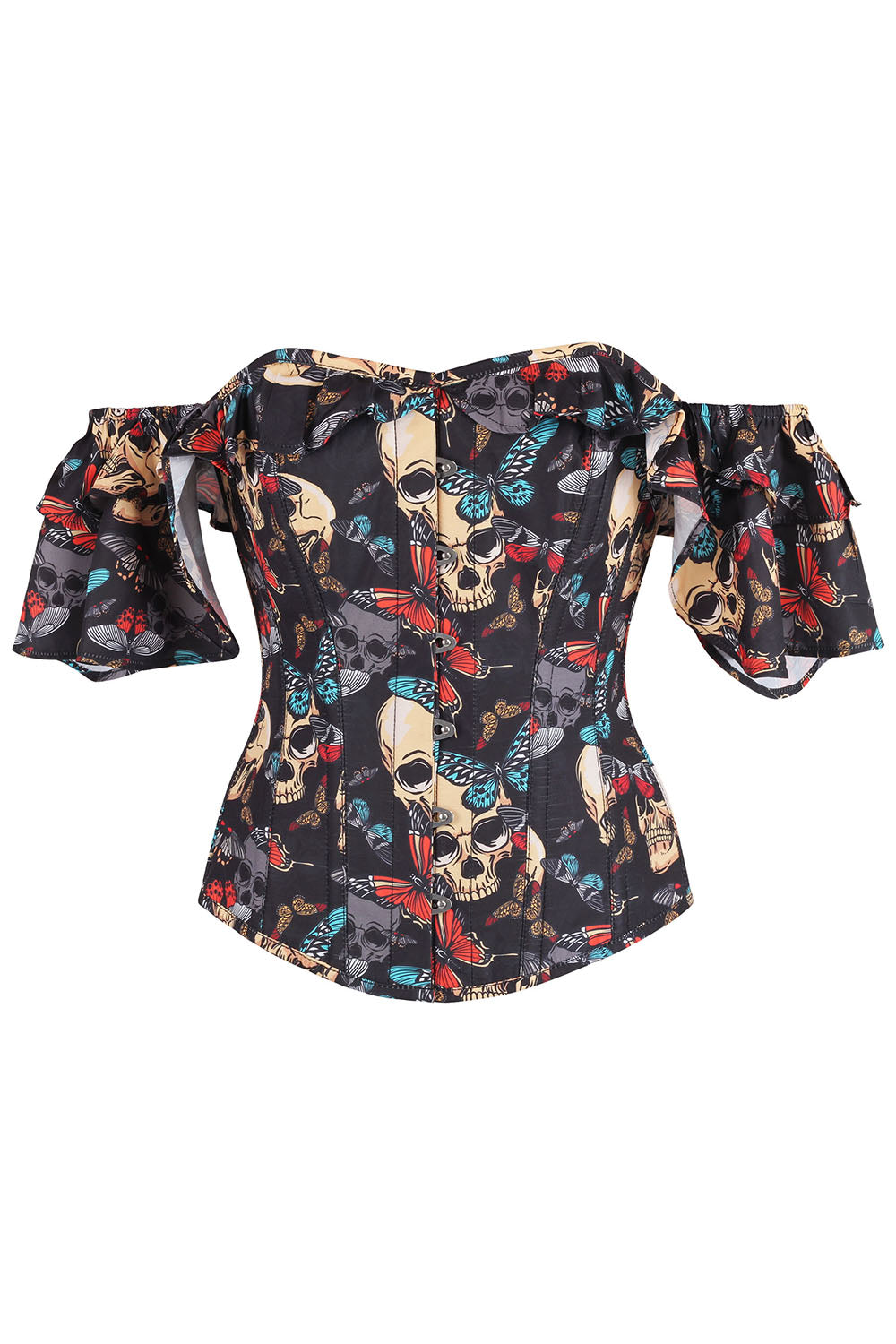 Dawnn Black Skulls & Butterflies Off Shoulder Overbust Corset