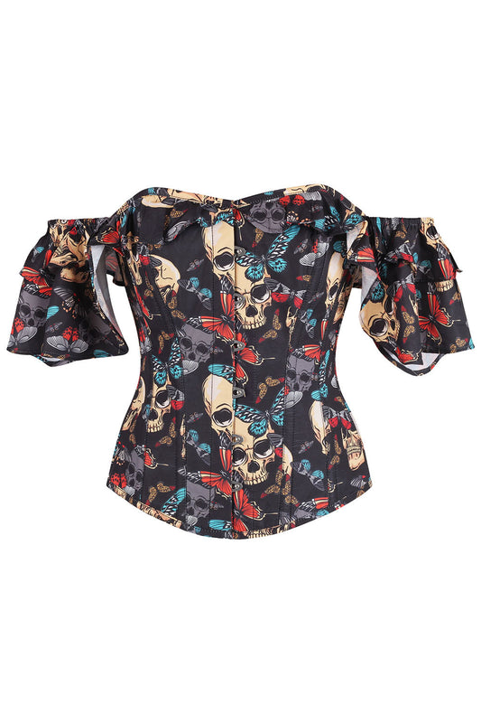 Dawnn Black Skulls & Butterflies Off Shoulder Overbust Corset