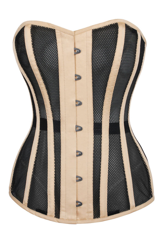 Black Honeycomb Mesh Overbust Corset with Nude Satin Trims