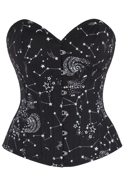 Midnight Black Constellation Astronomy Overbust Cotton Corset