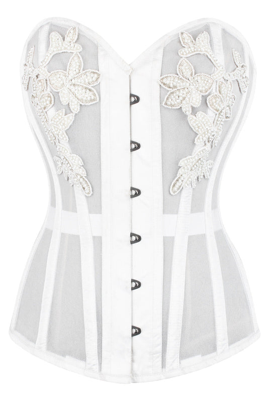Laquita White Mesh with Lace Applique Overbust Corset