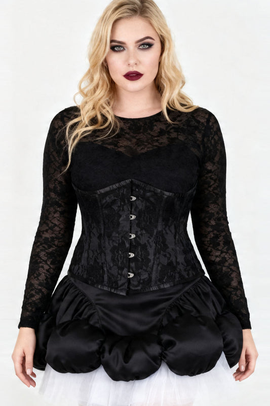 Yasmine Midnight Black Satin with Lace Overlay Underbust Corset