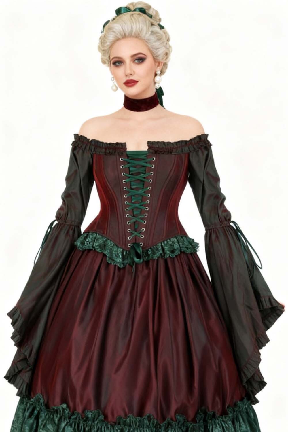 Burgundy Emerald Yumiko Rococo Overbust Off Shoulder Corset