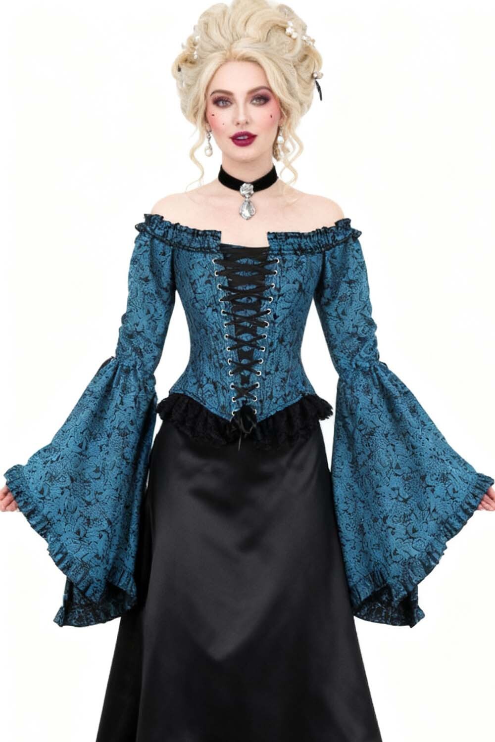 Midnight Turquoise Yumiko Overbust Corset with Bell Sleeves