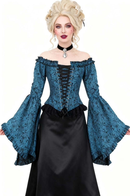 Midnight Turquoise Yumiko Overbust Corset with Bell Sleeves