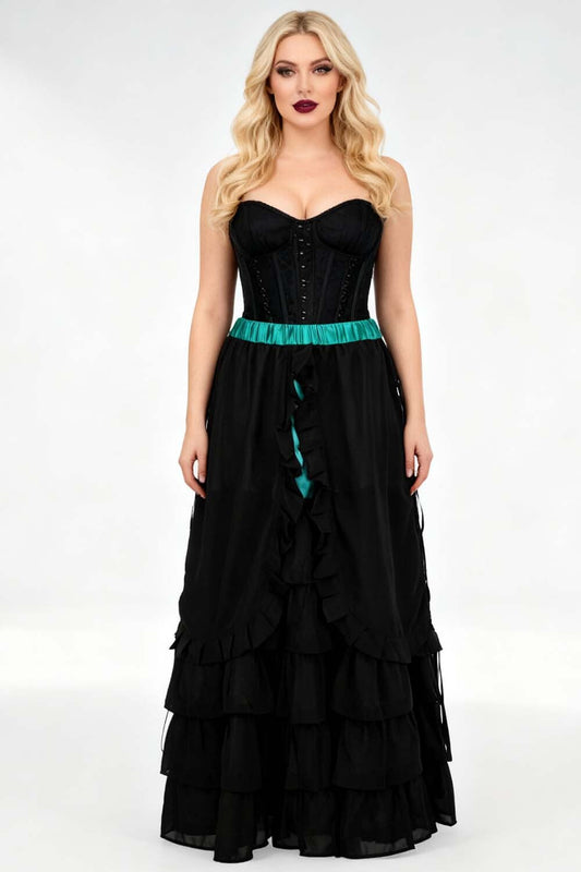Akemi Emerald Satin Black Georgette Victorian Layered Skirt