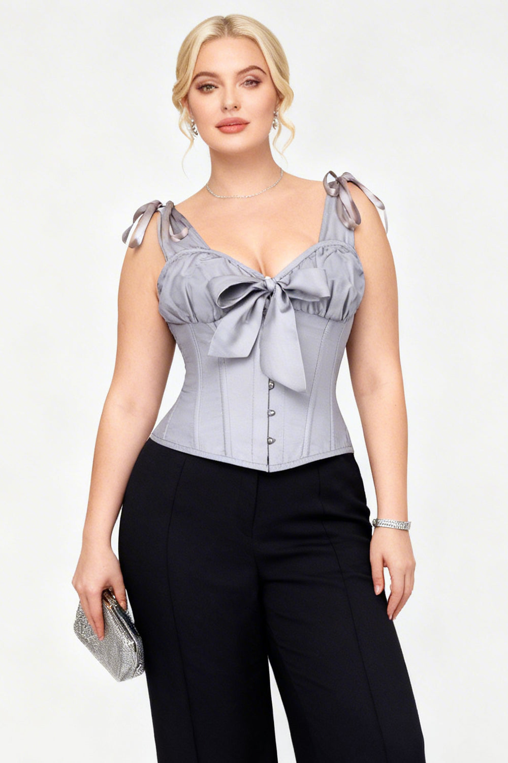 Darnisha Grey Overbust Corset with Bow Detail and Shoulder Straps