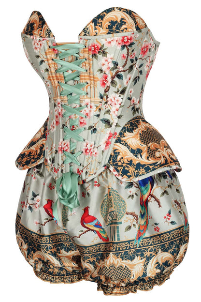 Mint Sage Jessia Printed Steel Boned Corset & Bloomer Set