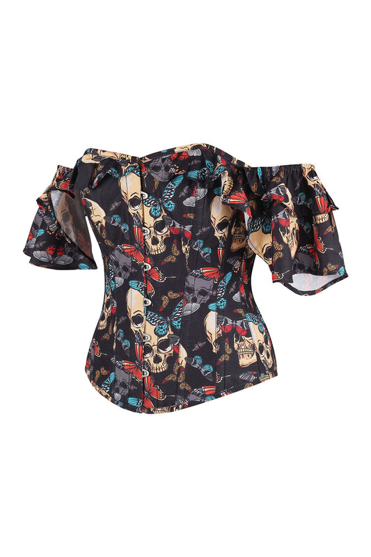 Dawnn Black Skulls & Butterflies Off Shoulder Overbust Corset