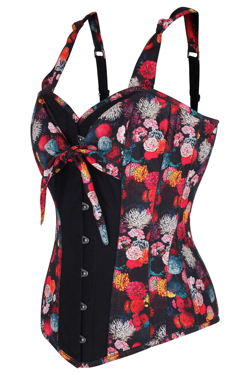 Midnight Black Floral Gerarda Overbust Steel Boned Corset