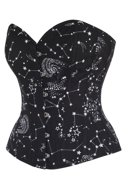 Midnight Black Constellation Astronomy Overbust Cotton Corset