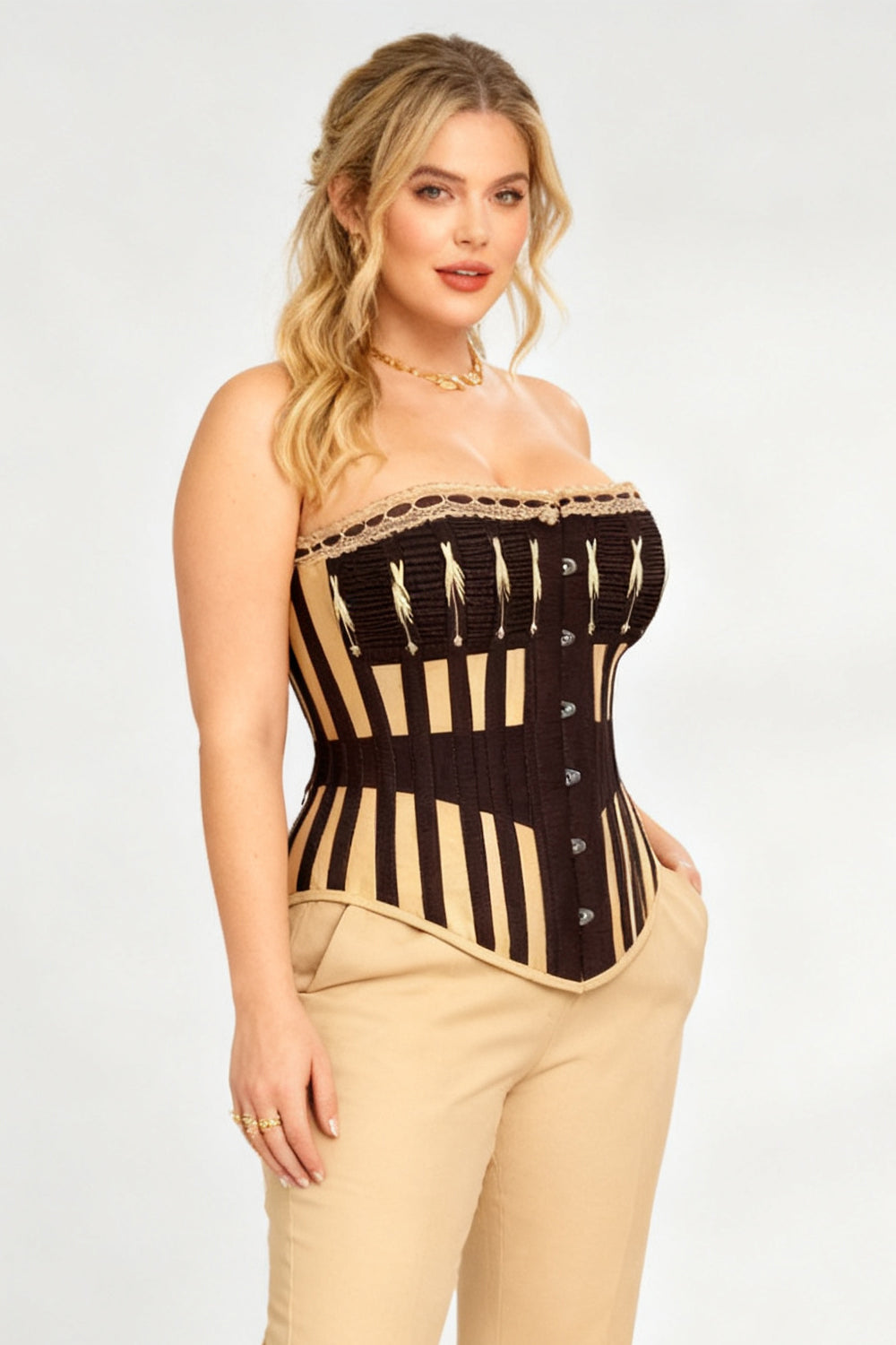 Brown & Gold Striped Joylin Overbust Corset