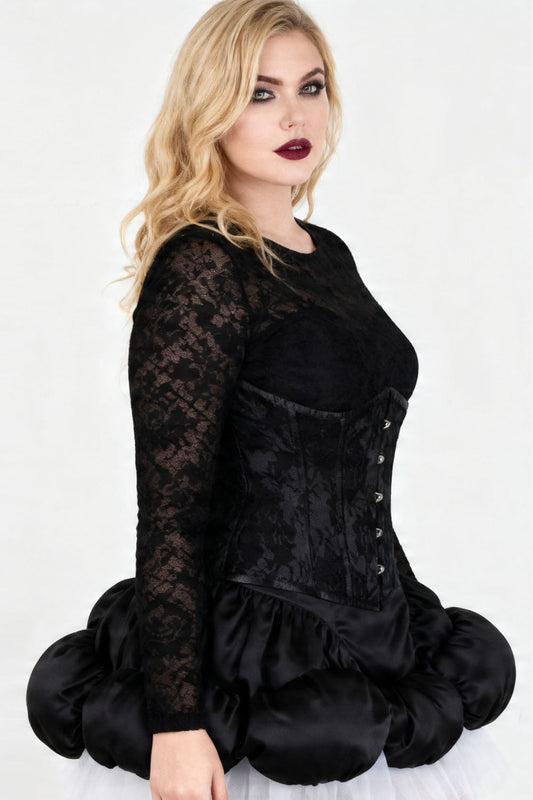 Yasmine Midnight Black Satin with Lace Overlay Underbust Corset