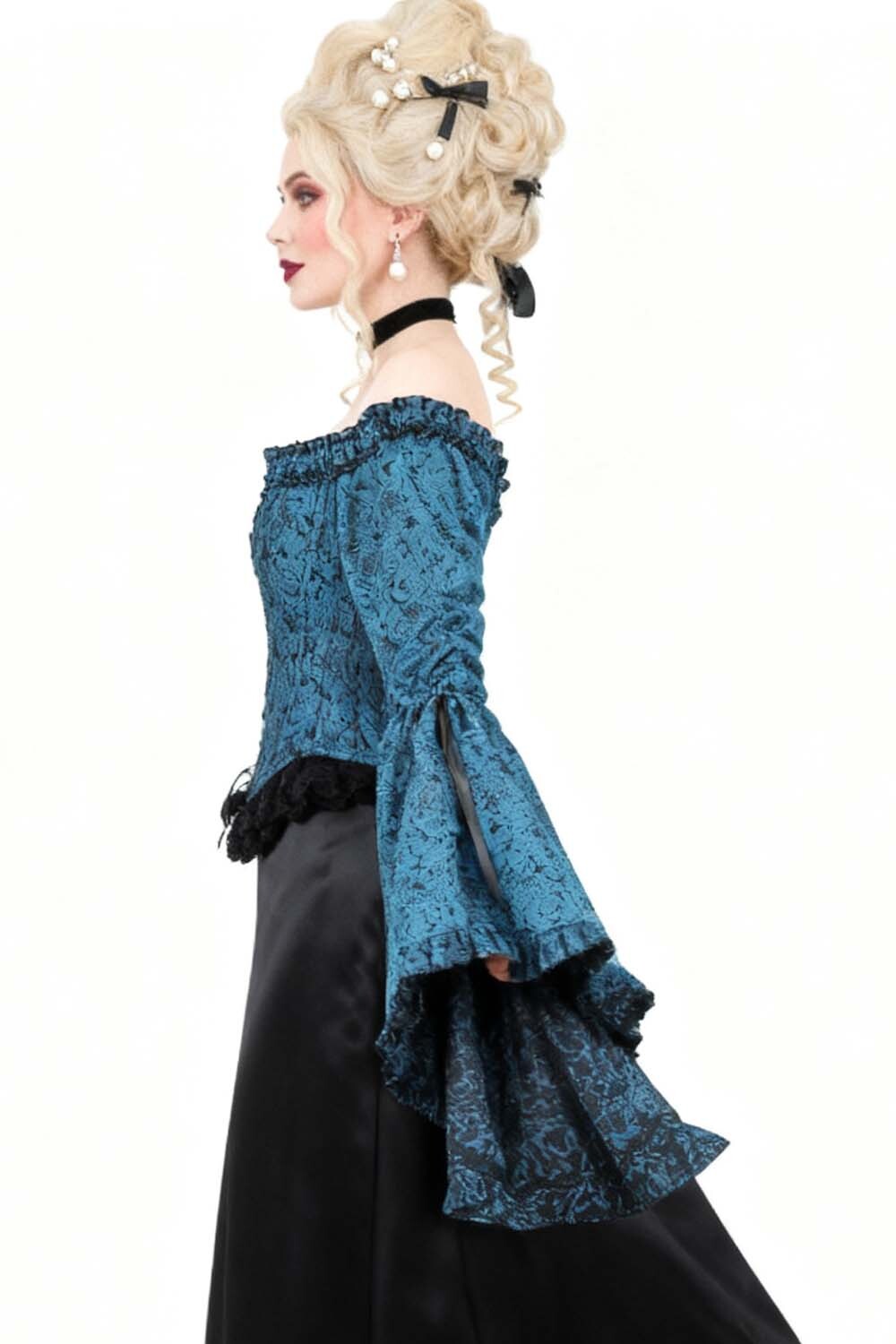 Midnight Turquoise Yumiko Overbust Corset with Bell Sleeves