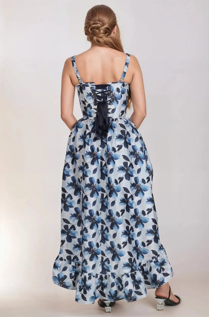 Darleena Blue and Black Floral Corset Dress
